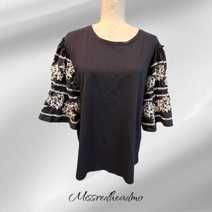 ~Chico's~ Women's Black Top with Embroidered Sleeves